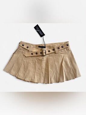 NWT Current Mood The Potential Belted Pleated Micro Mini Skirt Beige XS